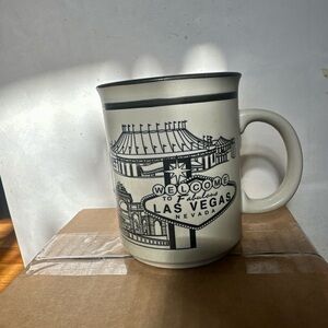 VTG Welcome To Las Vegas Coffee Mug Embossed Black And Cream color 4” tall